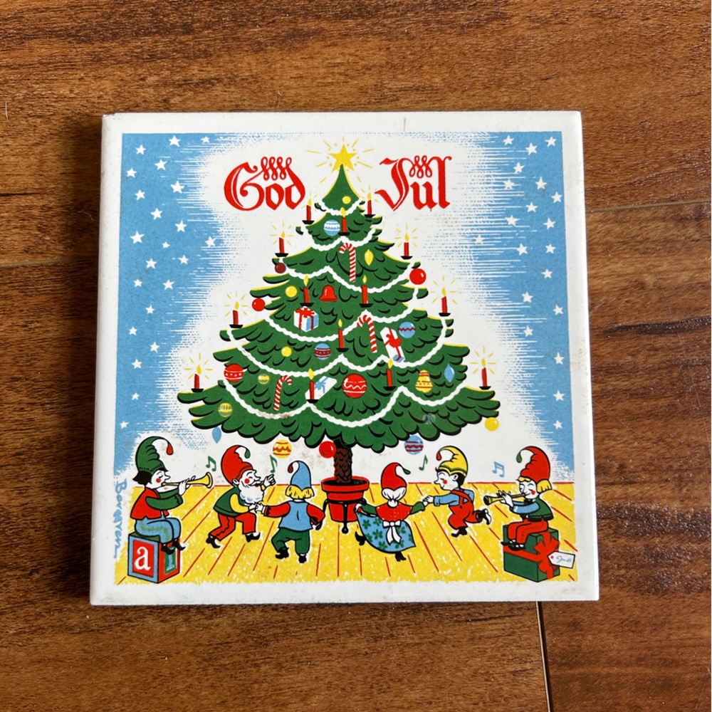 Cool Vintage Trivet Wall Hanging “God Jul” with Dancing Elves and Christmas Tree